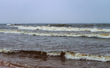 waves of a winter sea under snowfall and grey sky