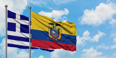 Greece and Ecuador flag waving in the wind against white cloudy blue sky together. Diplomacy concept, international relations.