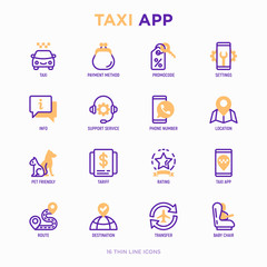 Taxi app thin line icons set: payment method, promocode, app settings, info, support service, phone number, location, pointer, route, destination, airport transfer, baby seat. Vector illustration.