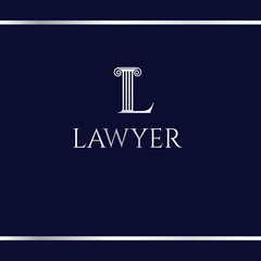 Logotype for court or law firm. Letter L. Silver logo on a dark blue background. L like an antique column. Logo design template