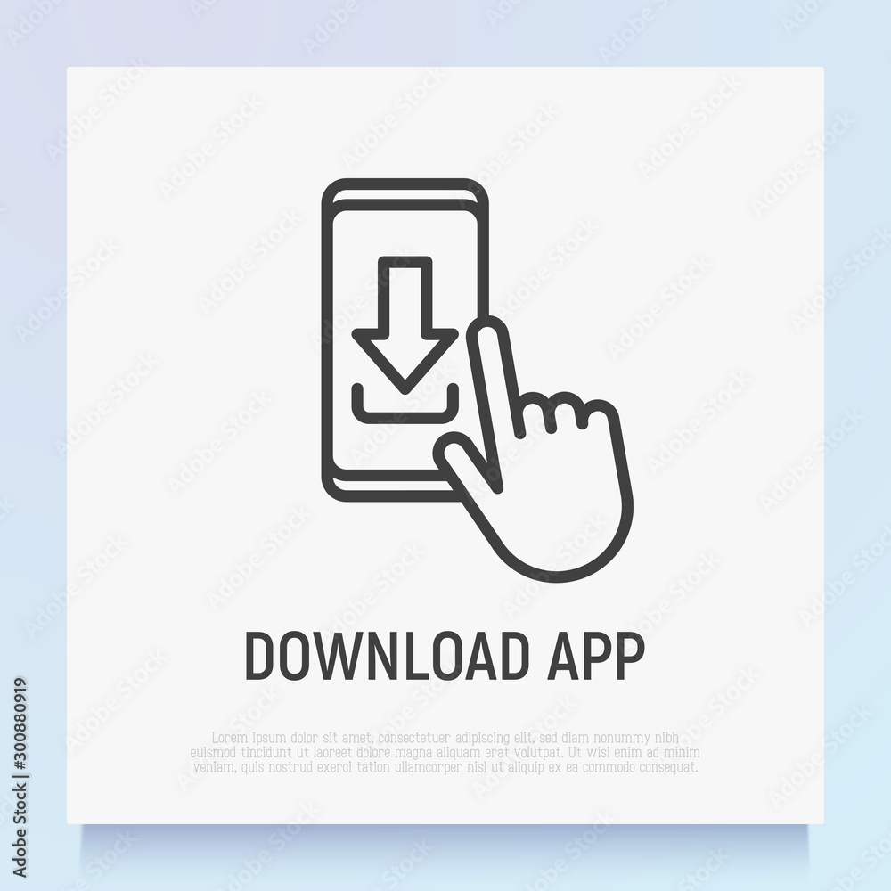 Sticker download mobile app thin line icon. push button with arrow on smartphone by finger. modern vector il
