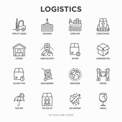 Logistics thin line icons set: forklift loader, conveyor belt, container, storage, cardboard box, return, cargo delivery, mover, worldwide shipping, keep dry. Vector illustration.