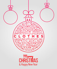 Naklejka premium Clothing concept in Christmas ball with thin line icons: shirt, shoes, pants, hoodie, sneakers, shorts, underwear, dress, skirt, jacket. Vector illustration, print media template for fashion shop.