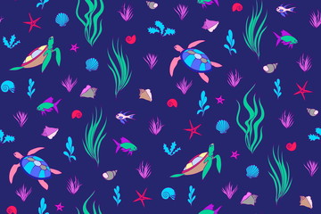 Underwater creatures seamless pattern with turtles, fish, shells. Vector cartoon undersea magic illustration, cute endless kids background