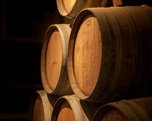Small stack of wine barrels in a cellar