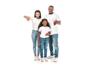 young african american family showing thumbs down on white background