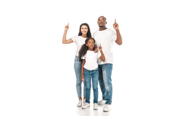 african american mother, father and daughter pointing with fingers on white background