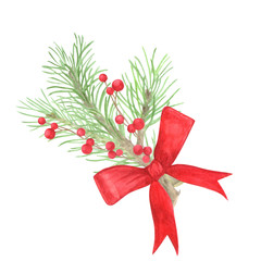 Christmas and new year buquet of fir branch with beries and bow on white background.