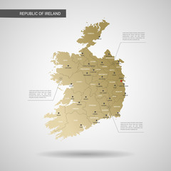 Stylized vector Republic of Ireland map.  Infographic 3d gold map illustration with cities, borders, capital, administrative divisions and pointer marks, shadow; gradient background. 