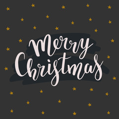 Simple Christmas black background with merry christmas lettering and hand d rawn stars. Beautiful elegant handmade writing with elegant bouncing letters. Vector template for card, banner or poster.