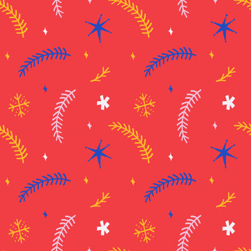 Seamless vector pattern for christmas wrappping paper design for gift packaging. Simple stars, fir branches, snowflakes and doodles, red colorful festive background. Hand drawn vector illustrations.