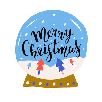 Christmas glass ball vector illustration with elegant bouncing lettering writing isolated on white, snow and christmas fir trees. Merry christmas phrase decorated with hand drawn cartoon illustrations