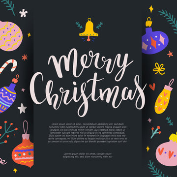 Merry Christmas vector banner design template for greeting or gift card, web site promotion or print poster. Black 3d effect layout with elegant lettering writing, bouncing script letters.