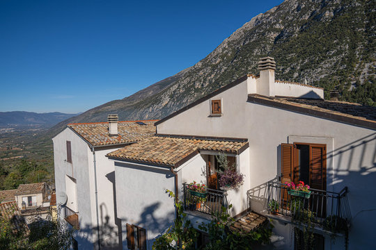 Mountain view of village of Pacentro in Abruzzo, Italy