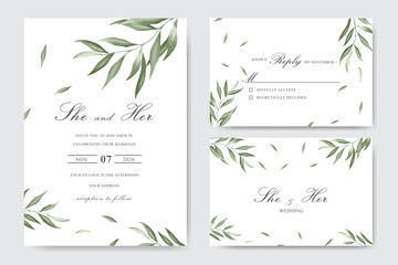 Fototapeta na wymiar Watercolor Wedding Invitation template card With Beautiful Foliage