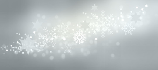 Snowflakes and stars on silver background