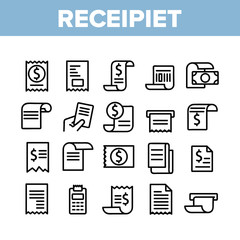 Receipt Bill Collection Elements Icons Set Vector Thin Line. Receipt Invoice With Dollar Mark, Money Banknote And Calculator Concept Linear Pictograms. Monochrome Contour Illustrations