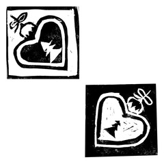 Abstract composition with monochrom  Сhristmas decorations of hearts isolated on white background. Hand made linoprint. Element and inverted object of  hearts