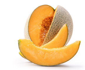 Beautiful tasty sliced juicy cantaloupe melon, muskmelon, rock melon isolated on white background, close up, clipping path, cut out.