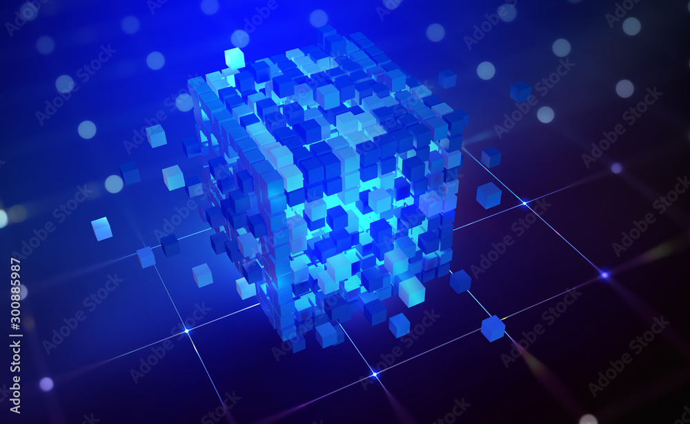 Poster Digital world. Blocks of information collected in a nanostructure. Abstract 3D illustration. Blockchain concepts and computers of future