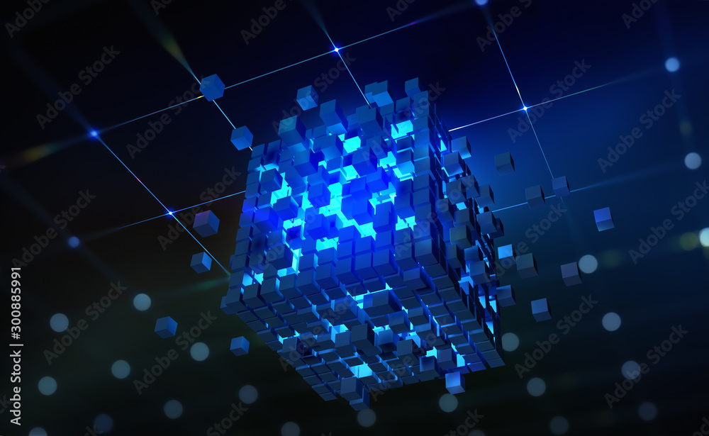 Poster Digital world. Blocks of information collected in a nanostructure. Abstract 3D illustration. Blockchain concepts and computers of future