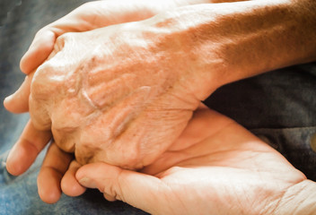 Old and young female holding hands . People, care and support. Giving helping hand concept .The concept of care and help for old people, the connection of the older and younger generation of people.