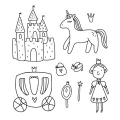 Cute collection kawaii vector set of princess, unicorn, castle and carriage. Illustration fairy tale and design elements. Concept fantasy characters for children book, coloring book, sticker, postcard