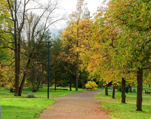 Kurpark und Botanischer Garten von Bad Bellingen. Margräflerland. Im Park unter den Bäumen und Zierpflanzen mit Herbstfarben
