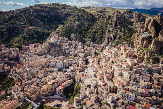 Aerial view of Mountainous Sicilian town Gagliano Castelferrato, Italy
