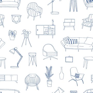 Home furniture hand drawn vector seamless pattern. Modern house furnishing accessories decorative background. Vintage armchair and table lamp linear illustrations. Stylish wrapping paper design.