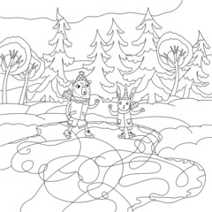 Fototapeta na wymiar coloring page. funny animals are paying winter games