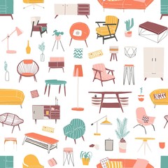 Fototapeta premium Home furniture hand drawn seamless pattern. Contemporary furniture pieces. Vintage armchair and retro table lamp flat vector illustrations. Home decor shop stylish wrapping paper, wallpaper design.