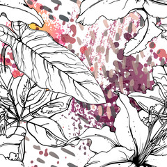 Fototapeta premium Floral Black and White Pattern. Pink
