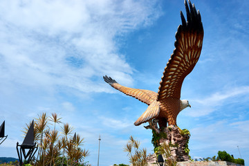 Langkawi, Malaysia - October 10, 2019. Eagle Square in Langkawi, near the Kuah port. This giant Eagle statue is the symbol of Langkawi island, Malaysia.