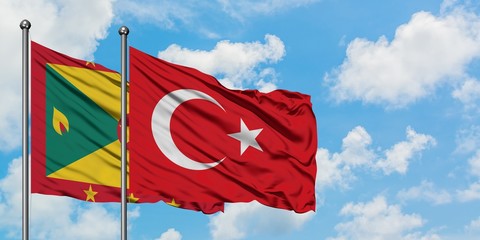 Grenada and Turkey flag waving in the wind against white cloudy blue sky together. Diplomacy concept, international relations.