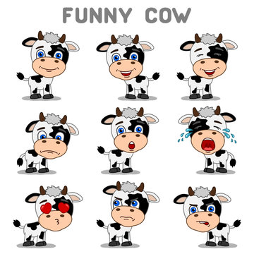 Set of expression of emotions of funny little cow in different poses isolated on white background