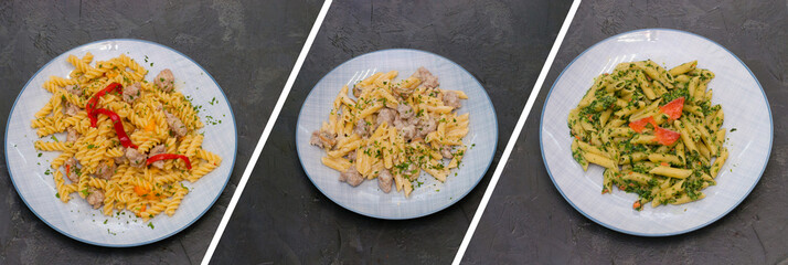 Collage, delicious pasta with spinach, red fish, tomato sauce, meat and cheese