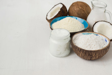 Set of coconut products, butter, milk, flour, chips