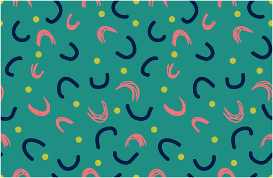 Festival seamless pattern with hand drawn confetti. Colorful circles, dots, lines on turquoise background, vector illustration