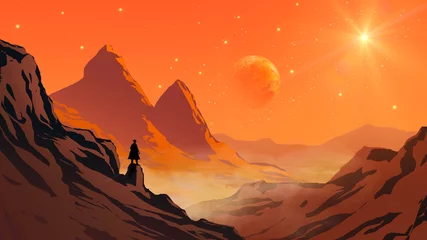 Poster Cowboy silhouet staande op berg rots vallei landschap met planeet en ster aan de hemel. Elementen geleverd aan NASA © Space Creator