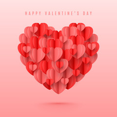 Happy Valentine's Day card. Holiday banner with 3d red and pink paper hearts in paper art style. Festive vector illustration with flying holiday symbol.