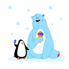Polar bear and penguin eating ice cream - flat design style illustration