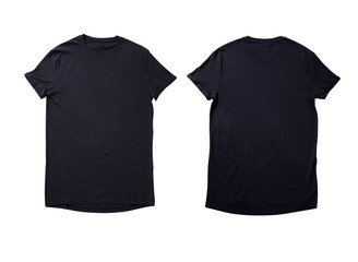 Mockup of blank black tshirt front and rear isolated. on white background. Shirt design for man. Flat lay, top view.