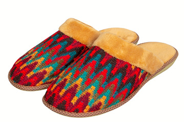 winter slippers,pair of warm winter slippers on a white background