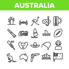 Australia Country Nation Cultural Icons Set Vector Thin Line. Crocodile And Kangaroo, Koala And Parrot, Shark Fin And Flag Of Australia Concept Linear Pictograms. Monochrome Contour Illustrations © vectorwin