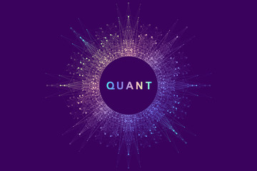 Circular quantum computer technology concept. Sphere explosion background. Deep learning artificial intelligence. Big data algorithms visualization. Waves flow. Quantum explosion, vector illustration