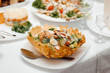 Different luxury food snacks and appetizers, concept of decorated catering banquet set, on a party event celebration. Catering food concept.