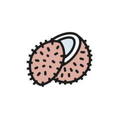 Lychee fruit, coconut flat color icon. Isolated on white background