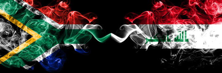 South Africa vs Iraq, Iraqi smoky mystic flags placed side by side. Thick colored silky abstract...