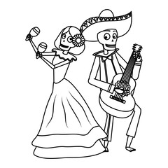 catrina and mariachi skulls playing maracas and guitar
